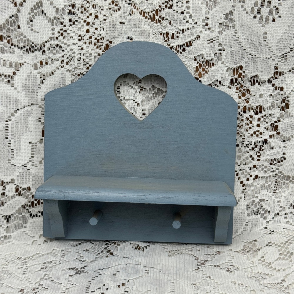 Crossroads Inc Primitive Blue Wooden Heart Cutout Wall Shelf with Pegs Farmhouse
